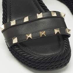 مملوكة مسبقًا Valentino Rockstud Torchon Black Leather Platform Wedge Sandals 39