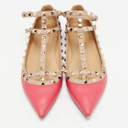 Pre Owned حذاء باليرينا فلات فالنتينو جلد وردي/بيج روكستد مقاس 41