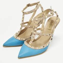 مملوكة مسبقًا حذاء كعب عالي فالنتينو جلد براءات اختراع أصفر / بيج برباط للكاحل مرصع روكستد مقاس 37