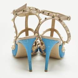 مملوكة مسبقًا حذاء كعب عالي فالنتينو جلد براءات اختراع أصفر / بيج برباط للكاحل مرصع روكستد مقاس 37