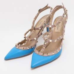 Pre Owned Valentino Rockstud Size 38 Blue/Nude Leather Ankle Strap Pumps