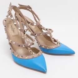 Pre Owned Valentino Rockstud Size 38 Blue/Nude Leather Ankle Strap Pumps