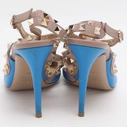 Pre Owned Valentino Rockstud Size 38 Blue/Nude Leather Ankle Strap Pumps