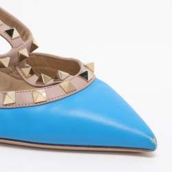 Pre Owned Valentino Rockstud Size 38 Blue/Nude Leather Ankle Strap Pumps