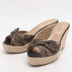 مملوكة مسبقًا Valentino Bow Size 36.5 Black Lace Espadrille Wedge Sandals