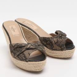 مملوكة مسبقًا Valentino Bow Size 36.5 Black Lace Espadrille Wedge Sandals