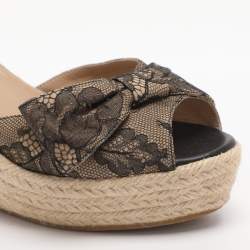 مملوكة مسبقًا Valentino Bow Size 36.5 Black Lace Espadrille Wedge Sandals