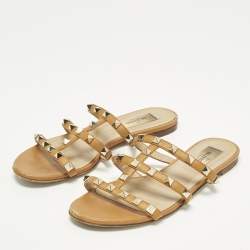 Pre Owned Valentino Rockstud Size 35 Brown Leather Flat Slide