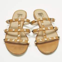 Pre Owned Valentino Rockstud Size 35 Brown Leather Flat Slide