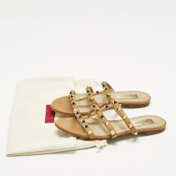 Pre Owned Valentino Rockstud Size 35 Brown Leather Flat Slide