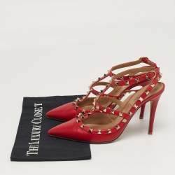 Pre Owned Valentino Rockstud Size 39 Red Leather Ankle Strap Pumps