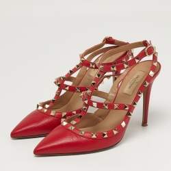 Pre Owned Valentino Rockstud Size 39 Red Leather Ankle Strap Pumps
