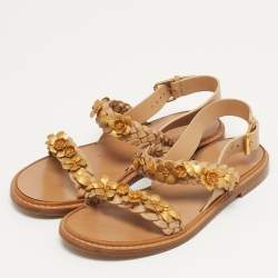 Pre Owned صندل فالنتينو فلات مزخرف زهور جلد مضفر بيج مقاس 39