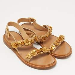 Pre Owned صندل فالنتينو فلات مزخرف زهور جلد مضفر بيج مقاس 39