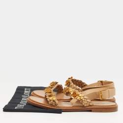 Pre Owned صندل فالنتينو فلات مزخرف زهور جلد مضفر بيج مقاس 39