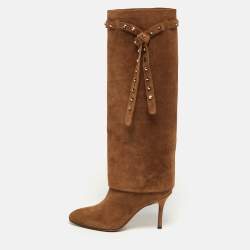 Pre Owned Valentino Rockstud Tie Size 38.5 Brown Suede Knee Length Boots