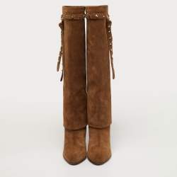 Pre Owned حذاء بوت بطول الركبة فالنتينو شامواه بني روكستد برباط مقاس 38.5