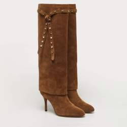 Pre Owned حذاء بوت بطول الركبة فالنتينو شامواه بني روكستد برباط مقاس 38.5