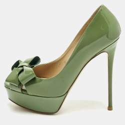Pre Owned Valentino Couture Size 36.5 Green Patent Leather Bow Peep Toe Platform Pumps