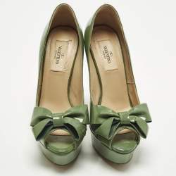 Pre Owned Valentino Couture Size 36.5 Green Patent Leather Bow Peep Toe Platform Pumps