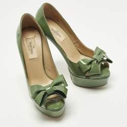 Pre Owned Valentino Couture Size 36.5 Green Patent Leather Bow Peep Toe Platform Pumps