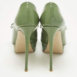 Pre Owned Valentino Couture Size 36.5 Green Patent Leather Bow Peep Toe Platform Pumps