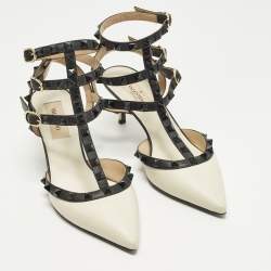 Pre Owned Valentino Rockstud Caged Size 36 Off White/Black Leather Pumps