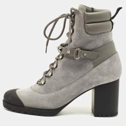 Pre Owned Valentino Rockstud Size 39 Grey Leather and Suede Combat Boots