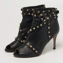 Pre Owned Valentino Rockstud Size 39 Black Leather Ankle Length Boots