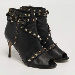 Pre Owned Valentino Rockstud Size 39 Black Leather Ankle Length Boots