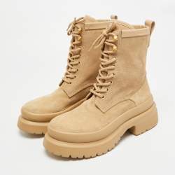 Pre Owned Valentino Rockstud Size 37 Beige Leather and Suede Ankle Length Boots