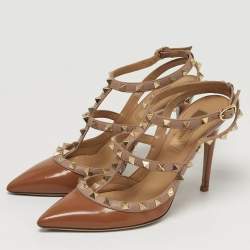 Pre Owned حذاء كعب عالي فالنتينو روكستد جلد بني لامع بحزام للكاحل مقاس 36