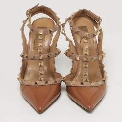 Pre Owned حذاء كعب عالي ف النتينو روكستد جلد بني لامع بحزام للكاحل مقاس 36