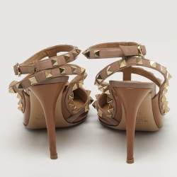 Pre Owned حذاء كعب عالي فالنتينو روكستد جلد بني لامع بحزام للكاحل مقاس 36