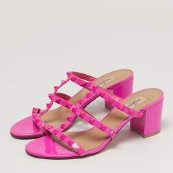 Pre Owned Valentino Rockstud Size 38 Pink Patent Leather Slide Sandals