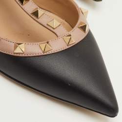 Pre Owned حذاء كعب عالي فالنتينو جلد أسود / بيج حزام كاحل مرصع روكستد مقاس 39