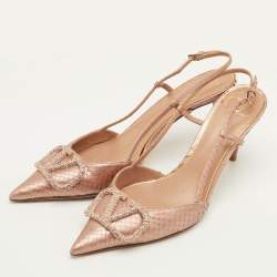 Pre Owned حذاء فالنـتينو كعب عالي حزام خلفي جلد ثعبان معدني وردي شعار في لوجو مقاس 39.5