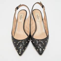 Pre Owned Valentino Rockstud Size 36 Black Quilted Leather Slingback Pumps
