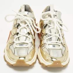 Pre Owned Valentino Bounce Size 37.5 Gold/Silver Leather Low Top Sneakers