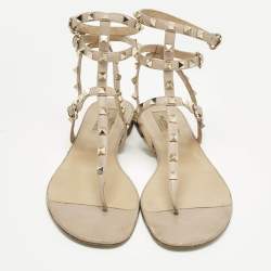 Pre Owned حذاء فلات حزام للكاحل فالتينو جلد بيج روكستد صنادل مقاس 42