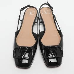 Pre Owned Valentino Escape V logo Size 38 Black Patent Leather Slingback Flats