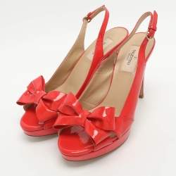 Pre Owned Valentino Bow Size 37 Red Patent Leather Slingback Platform Sandals