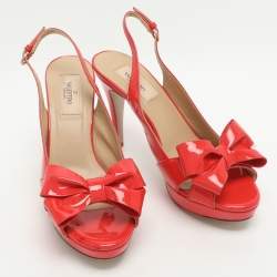 Pre Owned Valentino Bow Size 37 Red Patent Leather Slingback Platform Sandals