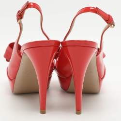Pre Owned Valentino Bow Size 37 Red Patent Leather Slingback Platform Sandals
