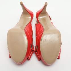 Pre Owned Valentino Bow Size 37 Red Patent Leather Slingback Platform Sandals