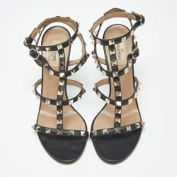 مملوكة مسبقًا Valentino Rockstud Size 38.5 Black Leather Ankle Strap Sandals