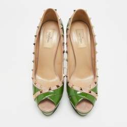 مملوكة مسبقًا حذاء كعب عالي فالنتينو جلد وبراءات أخضر/بيج مقدمة مفتوحة مقاس 41