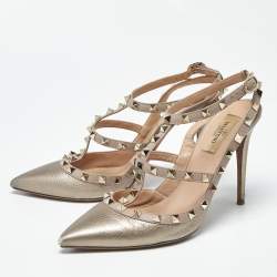Pre Owned Valentino Rockstud Size 40 Metallic/Beige Leather Pumps