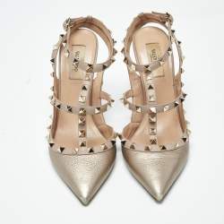 Pre Owned Valentino Rockstud Size 40 Metallic/Beige Leather Pumps