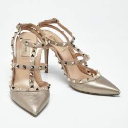 Pre Owned Valentino Rockstud Size 40 Metallic/Beige Leather Pumps